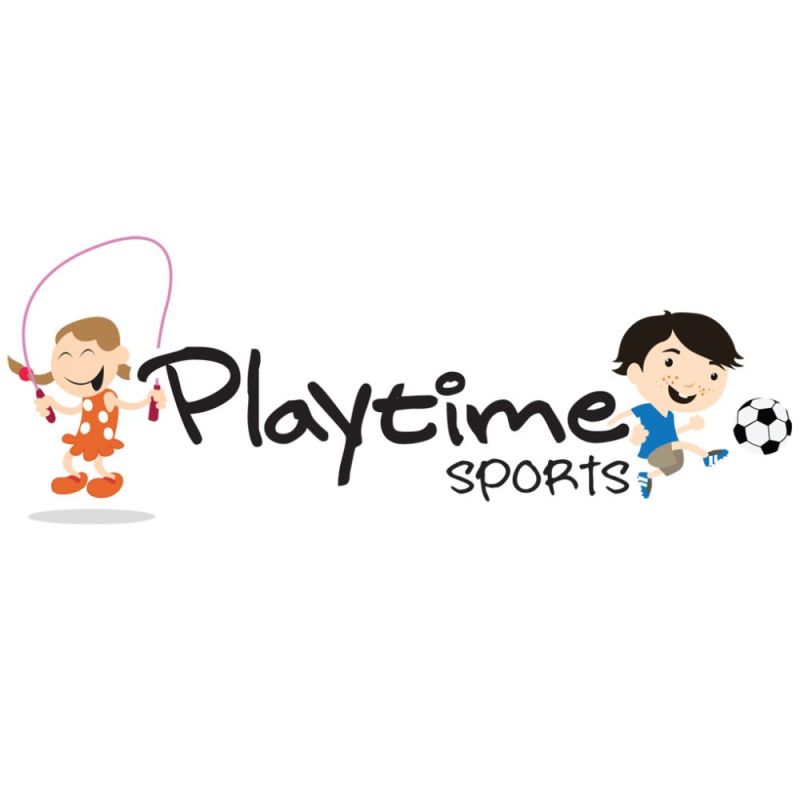 Playtime Sports logo with cartoon children skipping and playing soccer on either side of the text.