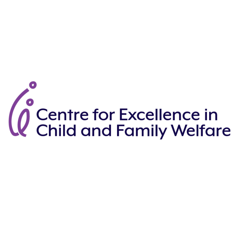 Centre for Excellence in Child and Family Welfare logo with purple abstract circular figure and text.