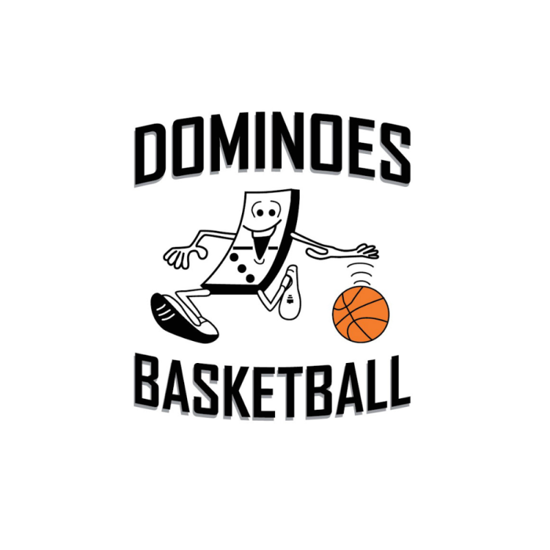 Dominoes Basketball logo featuring a cartoon domino character dribbling an orange basketball between the words “DOMINOES” and “BASKETBALL”.