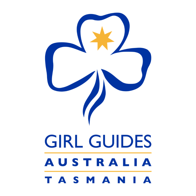Girl Guides Australia Tasmania logo featuring a stylised blue trefoil with a gold star above the text “Girl Guides Australia Tasmania”.
