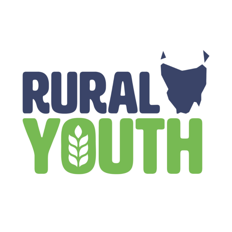 Rural Youth Tasmania logo with blue “RURAL” text, green “YOUTH” text featuring a leaf motif, and a stylised outline of Tasmania.