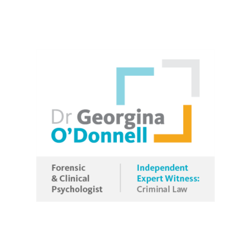 Dr Georgina O’Donnell logo featuring geometric corner shapes and the text “Dr Georgina O’Donnell, Forensic & Clinical Psychologist” and “Independent Expert Witness: Criminal Law”