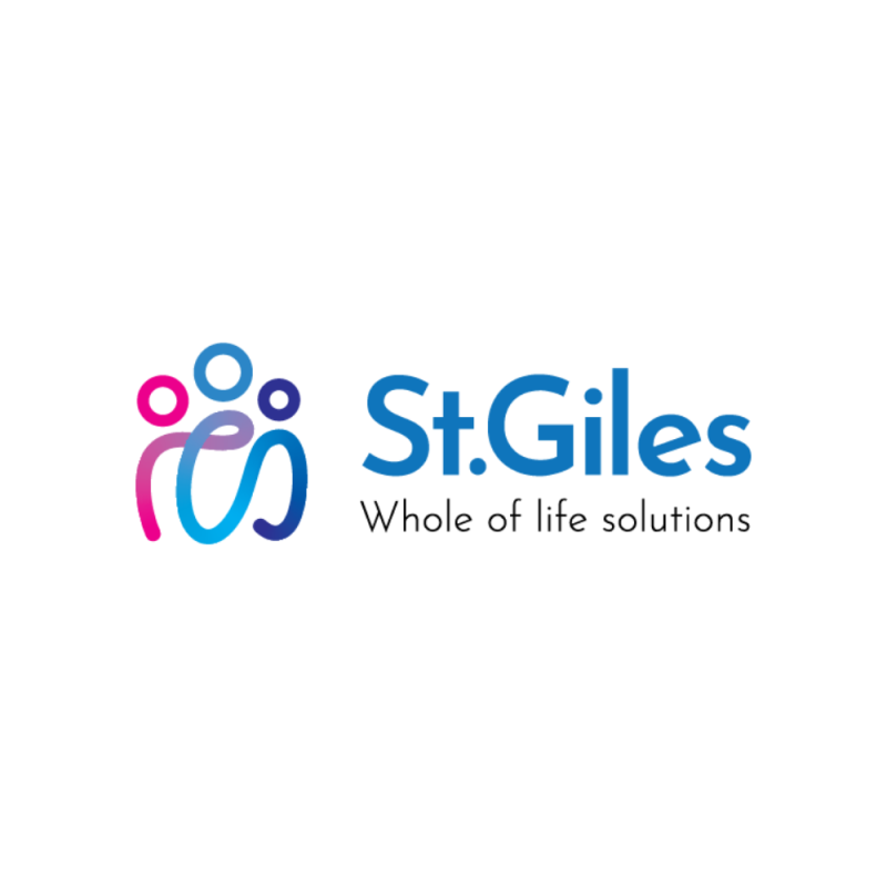 St.Giles logo with multicoloured abstract figures and blue text reading “St.Giles,” with the tagline “Whole of life solutions.”