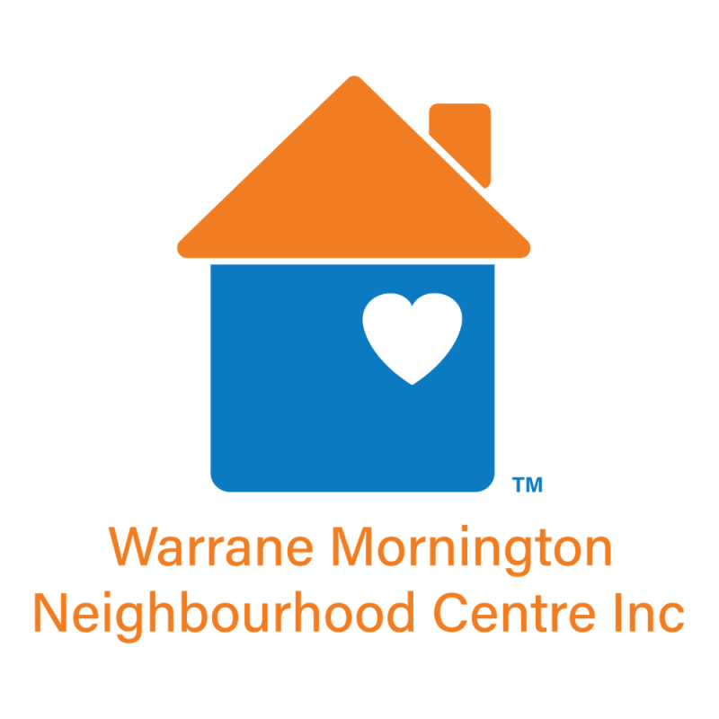 Warrane Mornington Neighbourhood Centre Inc logo featuring a stylised house with an orange roof, blue base, and a white heart symbol.