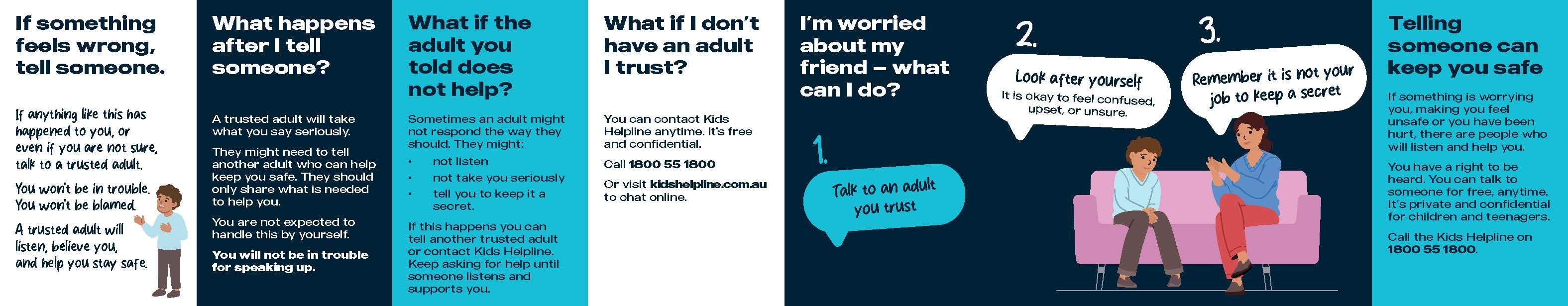 Children and Teenagers - fold-out card - back Tell Someone fold-out guide for children and teenagers featuring information on sexual abuse, grooming, online safety, trusted adults, and support services including tellsomeone.tas.gov.au and Kids Helpline.