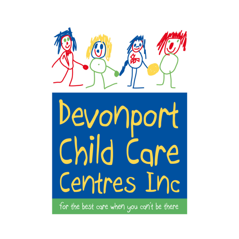 Childlike drawing of four smiling figures holding hands above the text “Devonport Child Care Centres Inc,” with the tagline “for the best care when you can’t be there.”