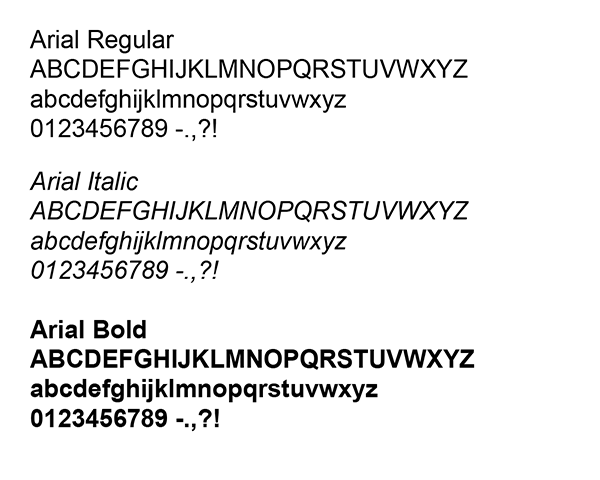 All the letters and numbers listed for Arial Regular, Arial Italic and Arial Bold