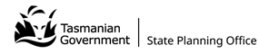 Tasmanian Government logo consisting of a stylised Tasmanian Tiger looking through grass to the rivers edge with the words Tasmanian Government to the right. logo is in black. To the right is a vertical line followed by the words State Planning Office