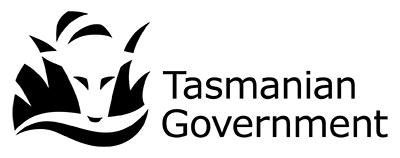 Tasmanian Government logo black consisting of a tasmanian tiger looking through grass into water with the words Tasmanian GoVernment to the right.