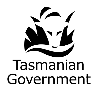 Tasmanian Government logo black consisting of a tasmanian tiger looking through grass into water with the words Tasmanian GoVernment below.