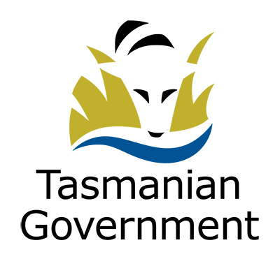 Tasmanian Government logo in blue black and olive, consisting of a tasmanian tiger looking through grass into water with the words Tasmanian Government below.